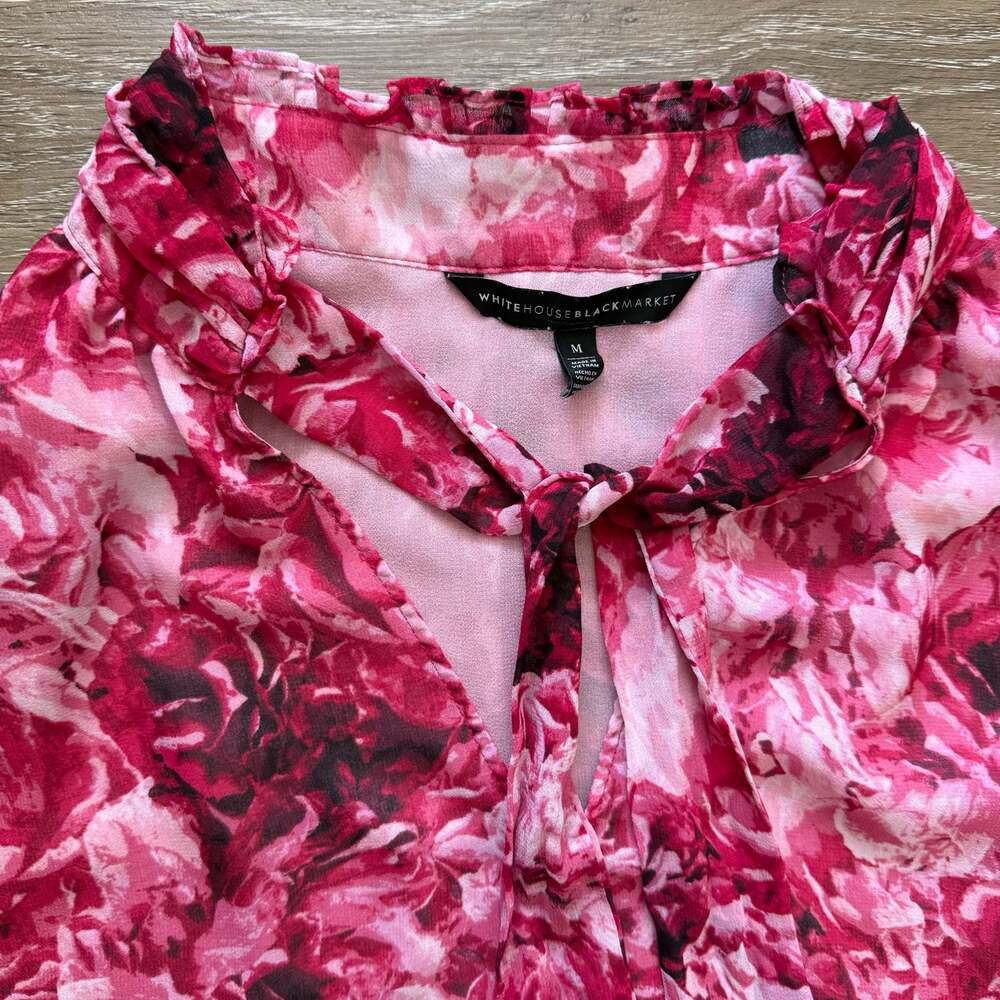 White House Black Market Floral Sleeveless Ruffle Mock Neck Tie Blouse Size M - Picture 2 of 4